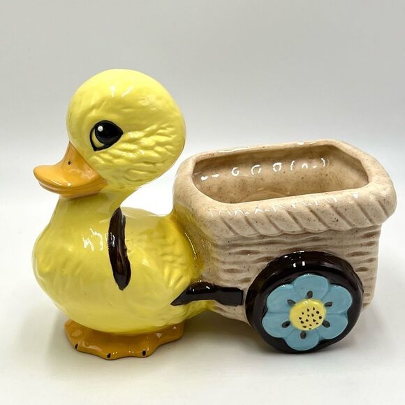 Vintage Other - Vintage Ceramic Planter Yellow Duck Pulling Wicker Cart Blue Flower Daisy Wheels